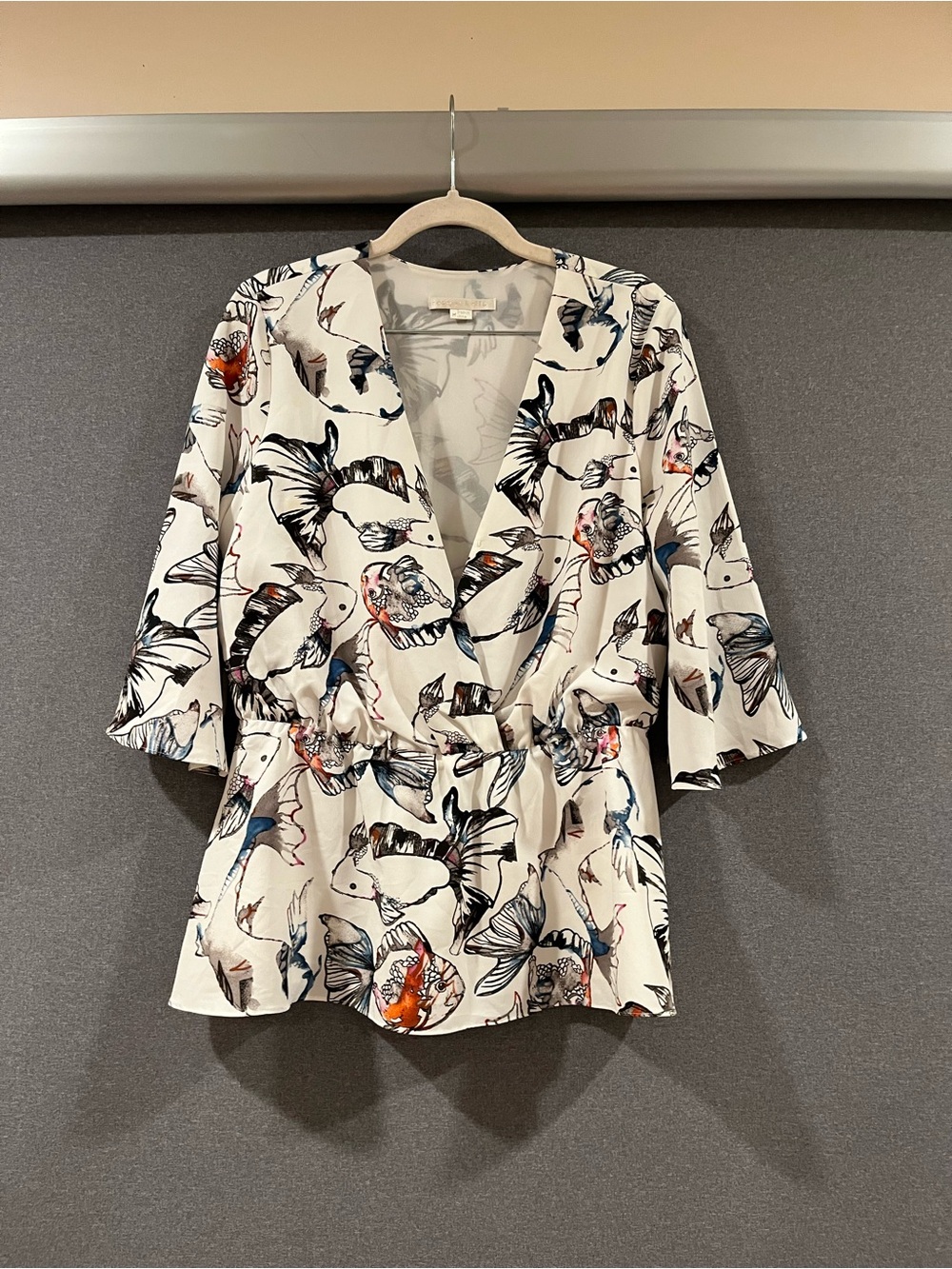 Cooper and Ella V-Neck Floral Fish Print Wrap Top in Cream